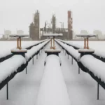 Tuberías de gas cubiertas de nieve en una planta industrial