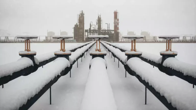 Tuberías de gas cubiertas de nieve en una planta industrial