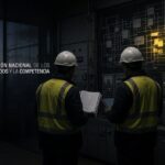 Two inspectors in hard hats and high-visibility vests review an audit report in a substation control room after the blackout, with the grid diagram partly relit; CNMC logo.
