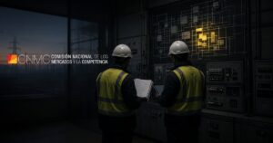 Two inspectors in hard hats and high-visibility vests review an audit report in a substation control room after the blackout, with the grid diagram partly relit; CNMC logo.