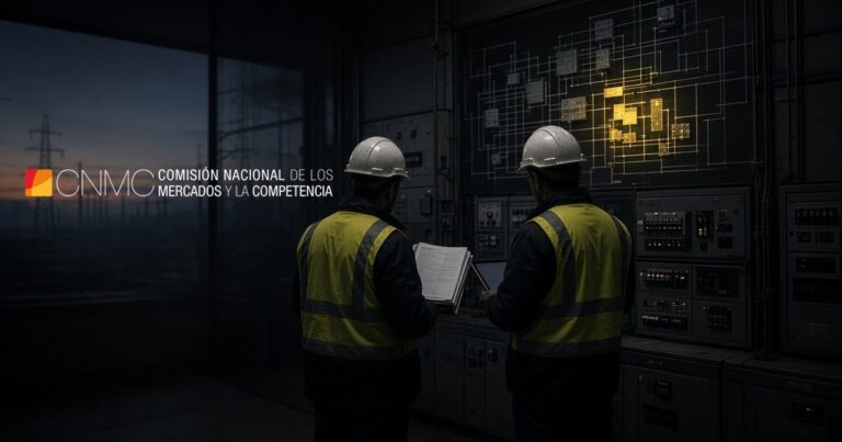Two inspectors in hard hats and high-visibility vests review an audit report in a substation control room after the blackout, with the grid diagram partly relit; CNMC logo.